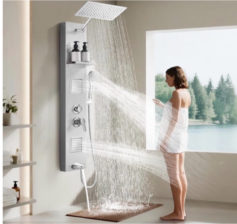 Shower Panel System, Multi-Function Shower Tower With 4 Body Spray, 5 Handheld Settings, Shelf & Adj