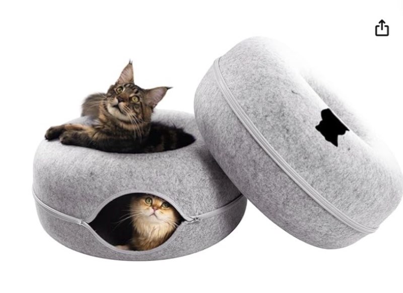 
cattasaurus peekaboo cat cave donut for multiple & large cats up to 30-45 lbs, 3-in-1 self warming cat bed, tunnel & scratcher for indoor cats, washable & detachable (light gray + light gray, large)