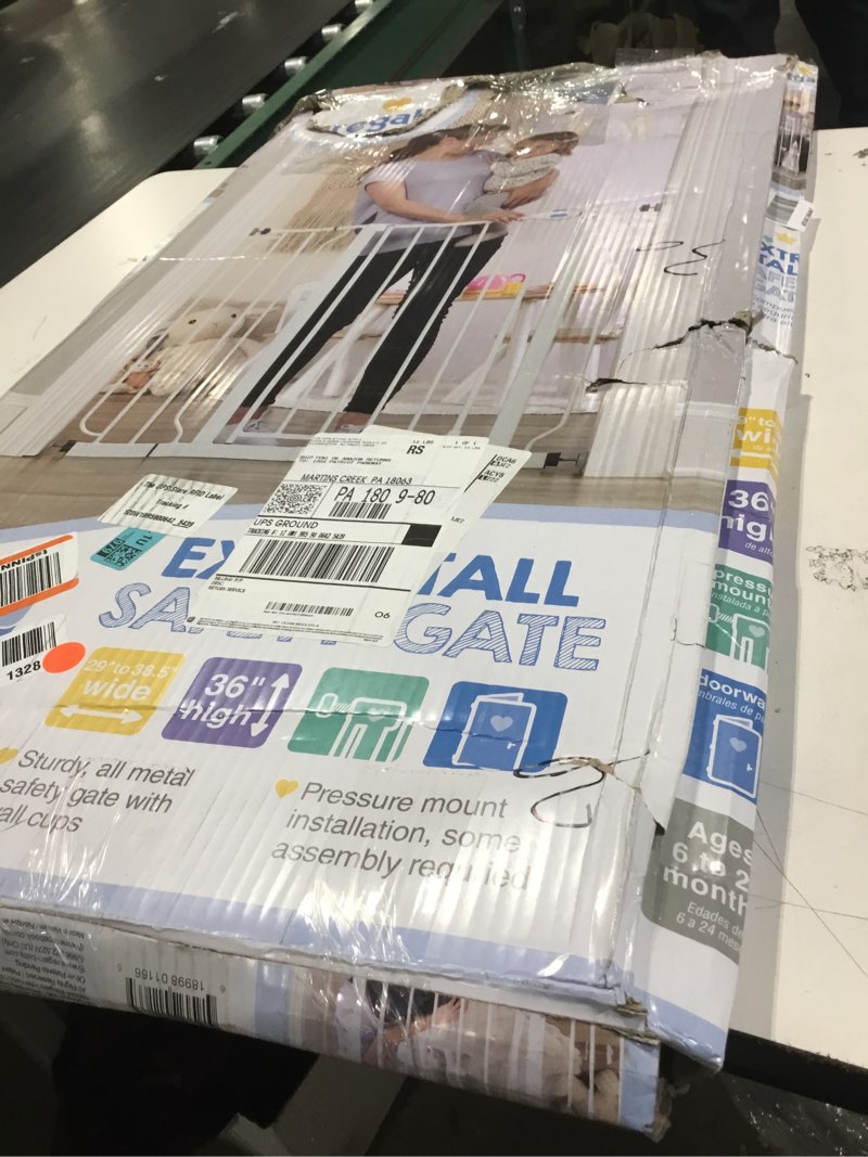 Condition photo showing As Is for Regalo Safety 36" Extra Tall Baby Gate for Doorways & Bottom of Stairs, Pressure Mount, Toddlers & Pets, 6-24 Months, Tested & Safe for 30 Years, American Designed, American Owned White 29-36.5"W x 36"H