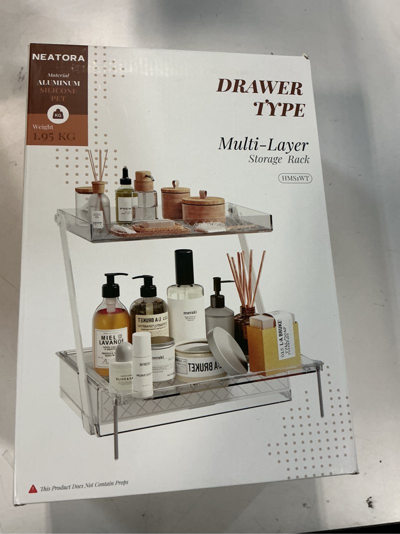 Condition photo showing New/Like New for NEATORA 2 Tier Bathroom Countertop Organizer, Z-Shaped Vanity Organizer with Sliding Tray & Drawer, Skincare, Makeup & Perfume Storage Organizer, Acrylic office, Dresse & Desk Organizer White