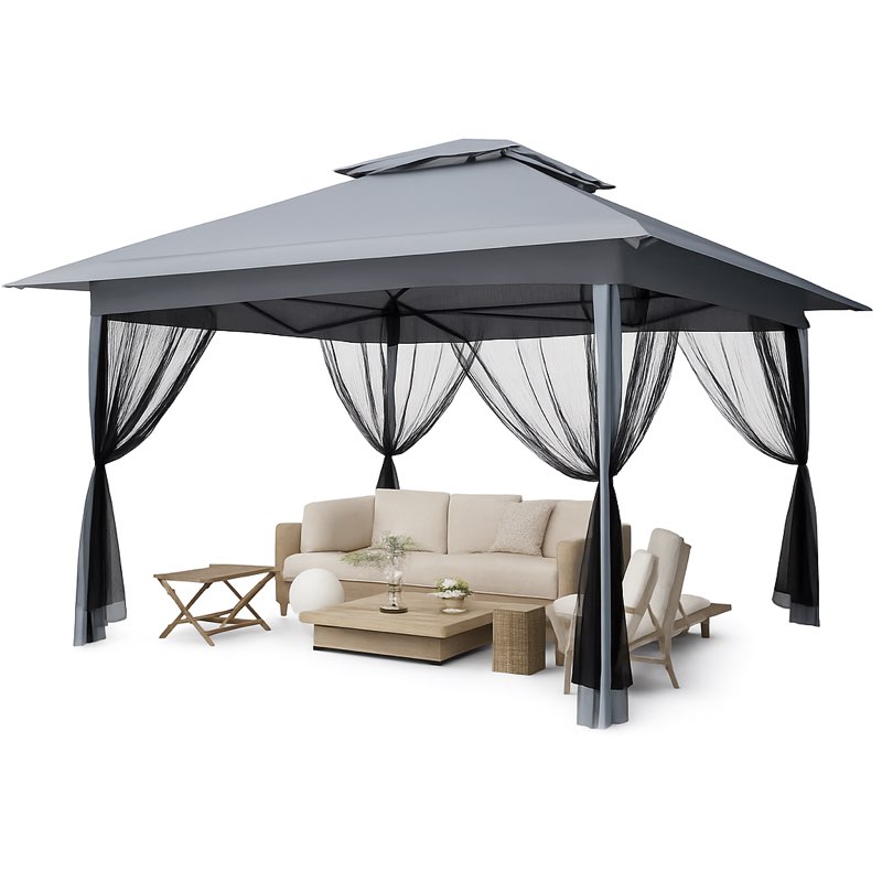 garvee 13'x13' pop up tent outdoor canopy shelter with mosquito netting 4 stanbags instant gazebo tent for lawn, garden, backyard deck (charcoal grey + light grey)(similar no same)