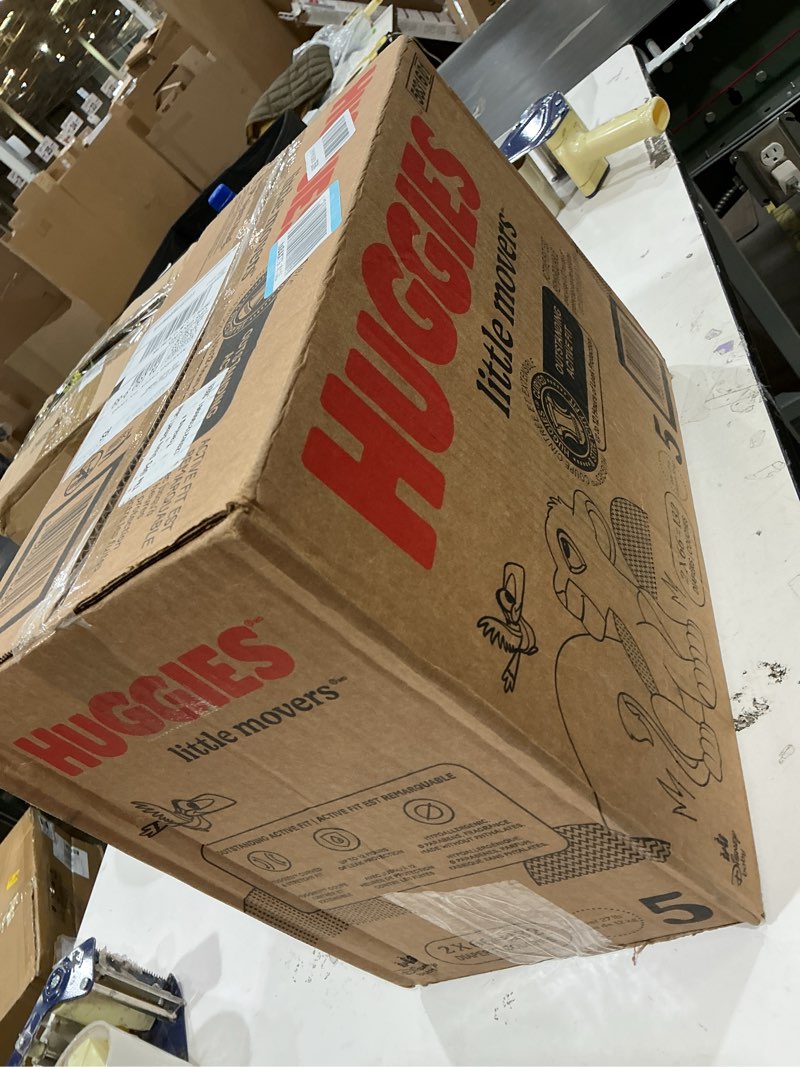 Condition photo showing New/Like New for huggies size 5 diapers, little movers baby diapers, size 5 (27+ lbs), 132 count (2 packs of 66), packaging may vary size 5 132