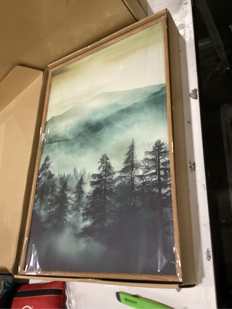 Condition photo showing New/Like New for HOURIA Large Boho Mountain Framed Canvas Wall Art Set,Green Foggy Forest Wall Decor,Watercolor Pine Tree Landscape Wall Painting,Nature Misty Art Print for Living Room,Bedroom, Office- 16"x24"x3 Misty Mountain Wall Art 24L" x 16W"