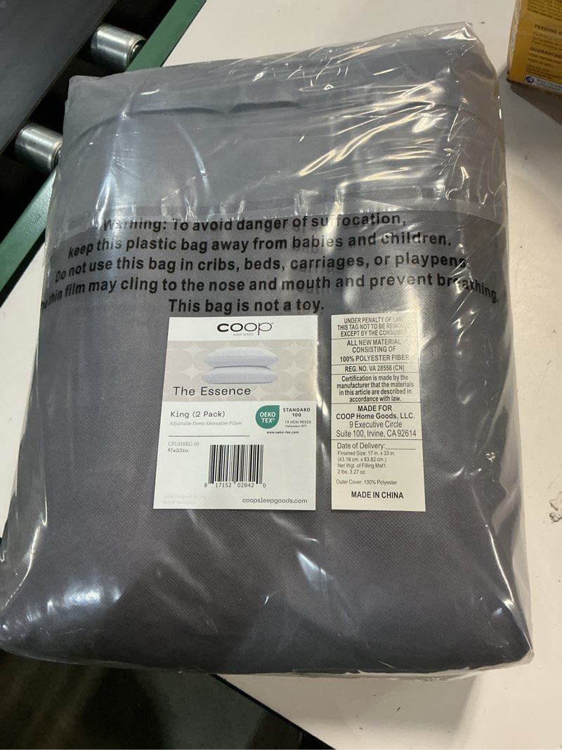 Condition photo showing New/Like New for coop home goods essence down alternative pillow set of 2, king size, best pillows for sleeping, adjustable alternative to down pillows, luxury hotel pillow for back, stomach or side sleepers essence king classic