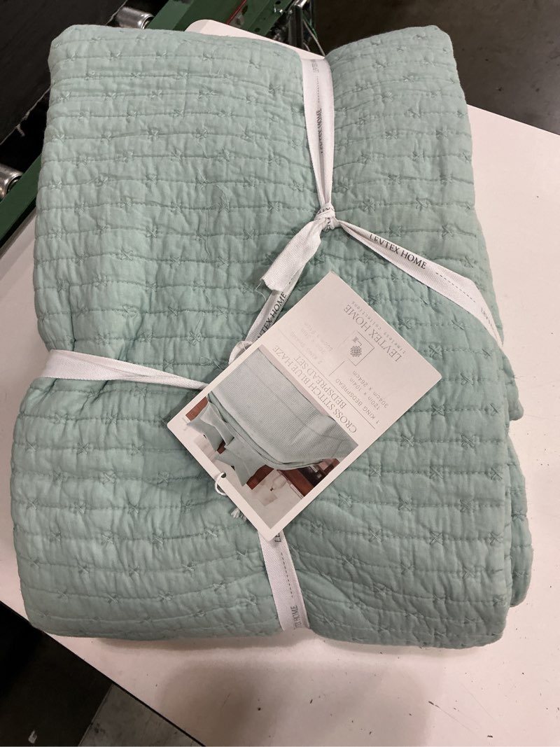 Condition photo showing New/Like New for levtex home - cross stitch blue haze bedspread set - king  bedspread and two standard shams - cross stitch pattern - bedspread (104x106in.) and sham (20x26in.) - cotton bedspread - queen blue