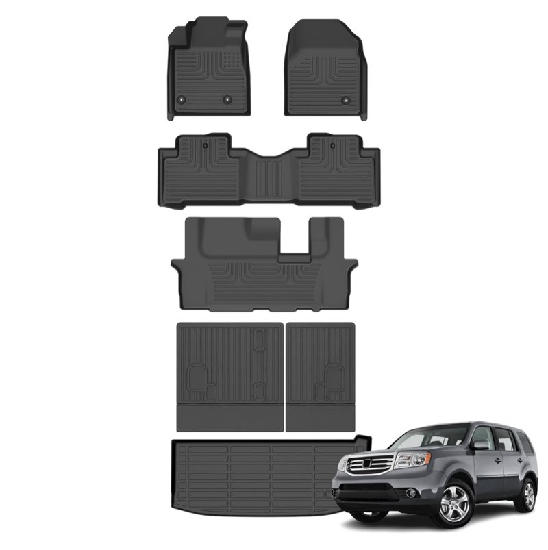 Floor Mats & Cargo Liner for Honda Pilot 2015-2009 All Weather Automotive TPE Liners Set Anti-Slip Waterproof Floor Liners Accessories (Car Mats+Trunk Mat) Black