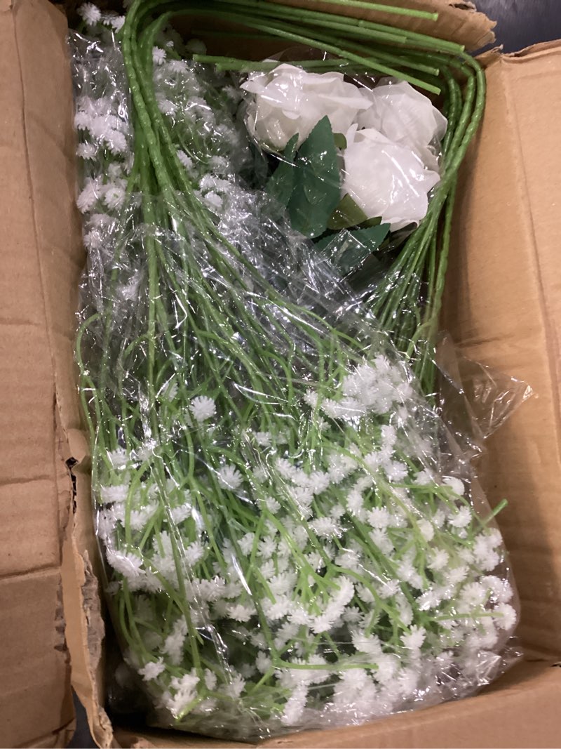 Condition photo showing New/Like New for hyeflora 35 pcs artificial white roses with 15 pcs fake baby breath realistic fake flowers bouquet with stem for diy wedding party home decoration vase tables centerpieces arrangements gift for her 35 pcs white roses with 15 pcs baby breath