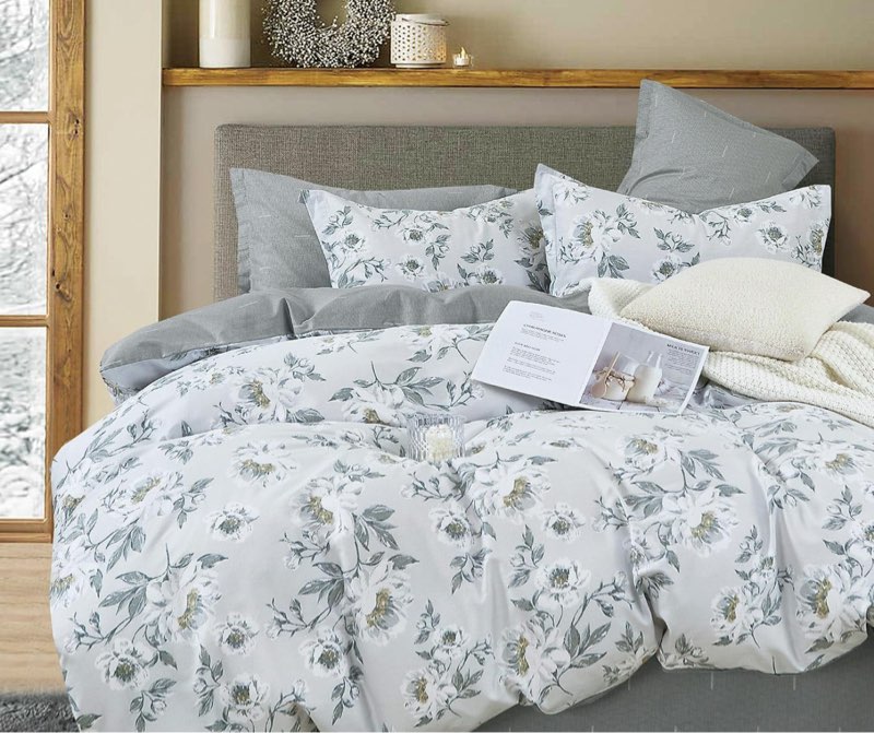 Floral Cotton Comforter King Size - Light Grey Comforter Printed with Vintage Ivory Flowers & Dark Yellow Stamens,Reversible Lightweight Bedding Sets 3Pcs(104"×90") King(104"×90") Vintage Floral - Light Grey