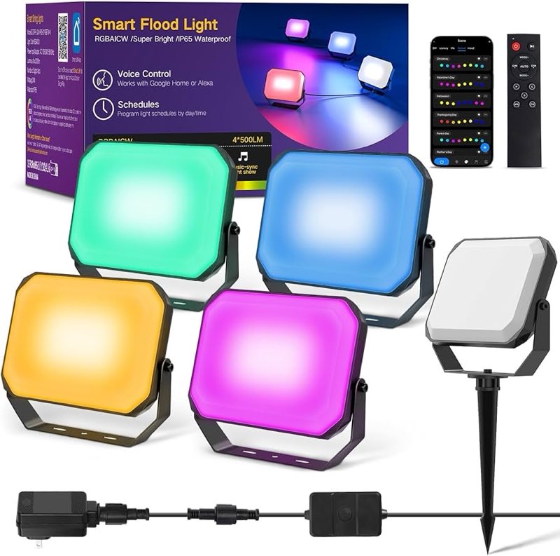 OUTON LED Flood Light Outdoor, 24W RGBAICW Smart Landscape Lighting with APP Control, IP65 Stage Upl