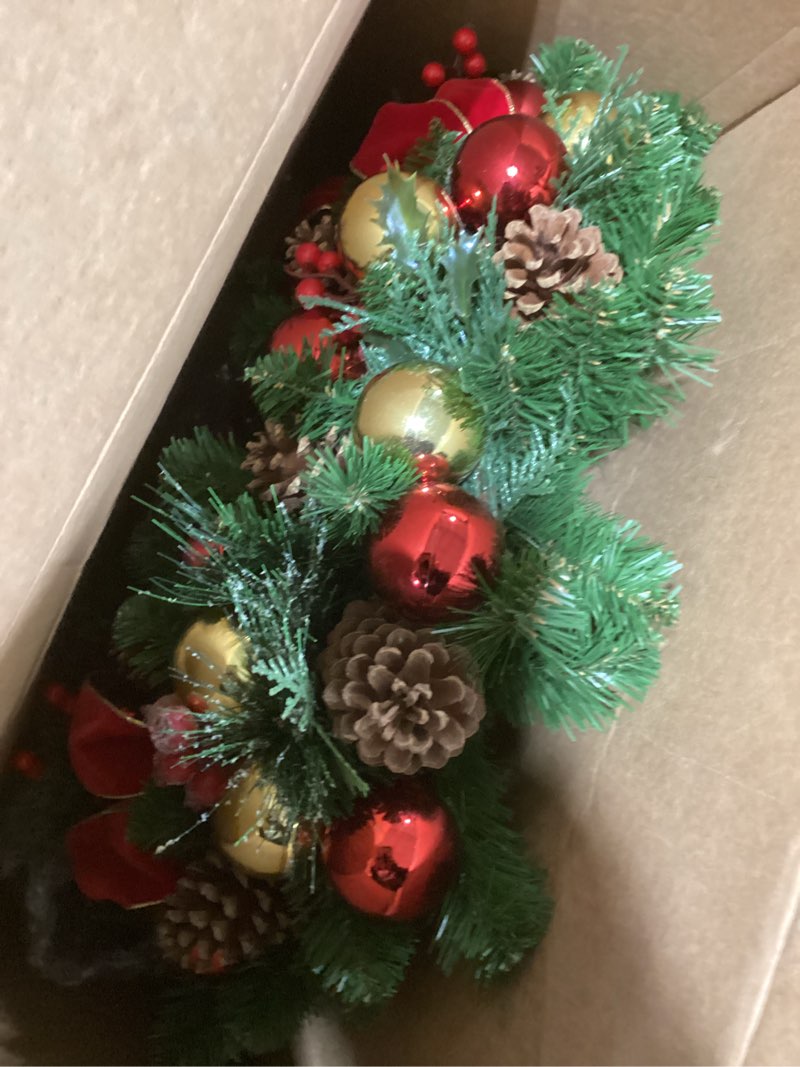 Condition photo showing Good Condition for Similar product not pre lit not like stock photo similar Valery Madelyn 24'' Pre-Lit Christmas Wreath for Front Door with Light, Collapsible Lighted Outdoor Christmas Wreath with Red Gold Xmas Balls for Home Porch Fireplace Window Holiday Wall Decor 24 Inch