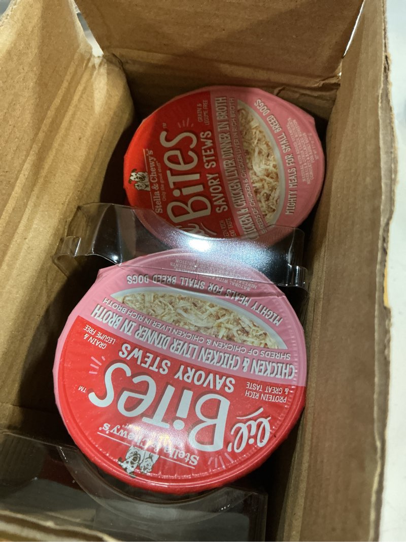 Condition photo showing New/Like New for (bbe 17/feb/2027)stella & chewy's lil bites savory stews for small breeds chicken & chicken liver dinner in broth, 2.7 oz. cups (pack of 12) chicken & chicken liver 2.7 ounce (pack of 12)
