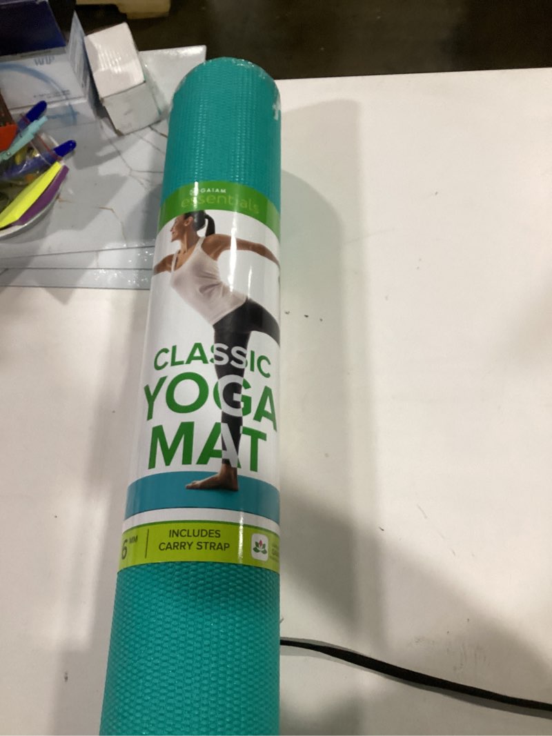 Condition photo showing New/Like New for Gaiam Essentials 1/4" Thin (6mm) Yoga & Pilates, Fitness & Exercise Mat with Easy-Cinch Carrier Strap Cusion Support For Fitness and Gym Workouts Teal 1/4" (6MM)