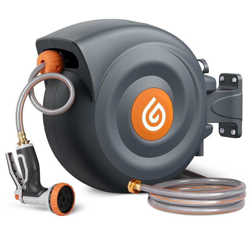 GVY Retractable Garden Hose Reel 100ft, 1/2"Reinforced Leak-proof Water Hose, 10-Pattern Hose Nozzle, Slow Rewinding, UV Resistant, Durable Brass Fittings, 3-Layer PVC Hose, 180° Swivel Bracket