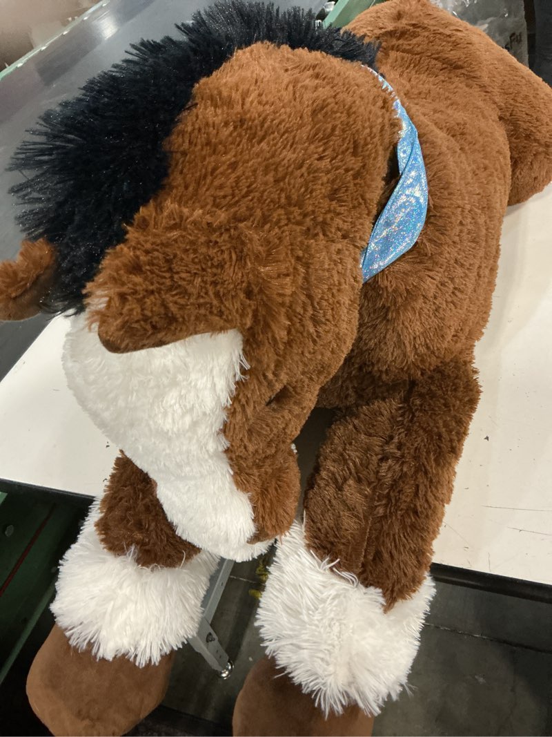 Condition photo showing As Is for maogolan large horse stuffed animal for boy, big horse plush toy for girl, ridable stuffy pony for kids, coffee stuffed pony plush pillow for baby shower or birthday party favor gifts, 33 inches