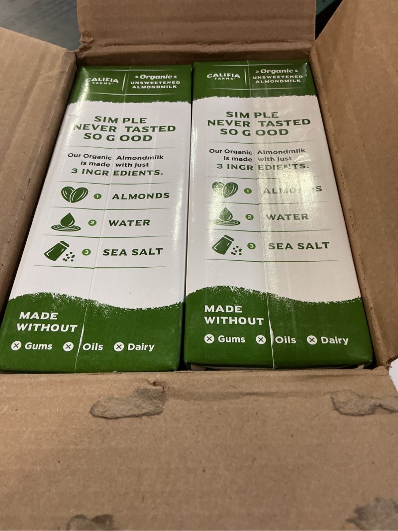 Condition photo showing New/Like New for (bbd :19/jun/2026))califia farms - organic unsweetened almond milk, 32 oz (pack of 6), dairy free, vegan, plant based, keto, vegan, gluten free, non gmo, usda organic 32 fl oz (pack of 6)