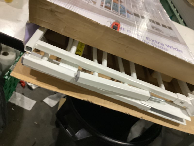 Condition photo showing As Is for regalo safety 29-38.5" baby gate for doorways & bottom of stairs, pressure mounted baby gate with door for babies, toddlers & pets, tested & safe for 30 years, american designed, american owned, white white 29-38.5"w x 30"h
