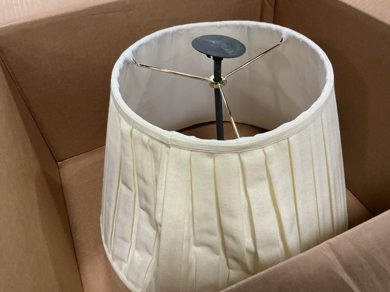 Condition photo showing As Is for aspen creative 33202 box pleated large empire spider construction lamp shade, off-white linen fabric, 11" top x 18" bottom x 12" slant off white & 18" width