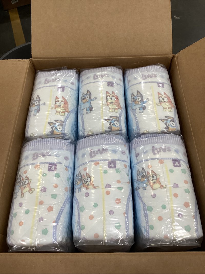 Condition photo showing New/Like New for luvs size 4 baby diapers, platinum protection bluey diapers for day & night, size 4, 198 count (packaging may vary) size 4 198