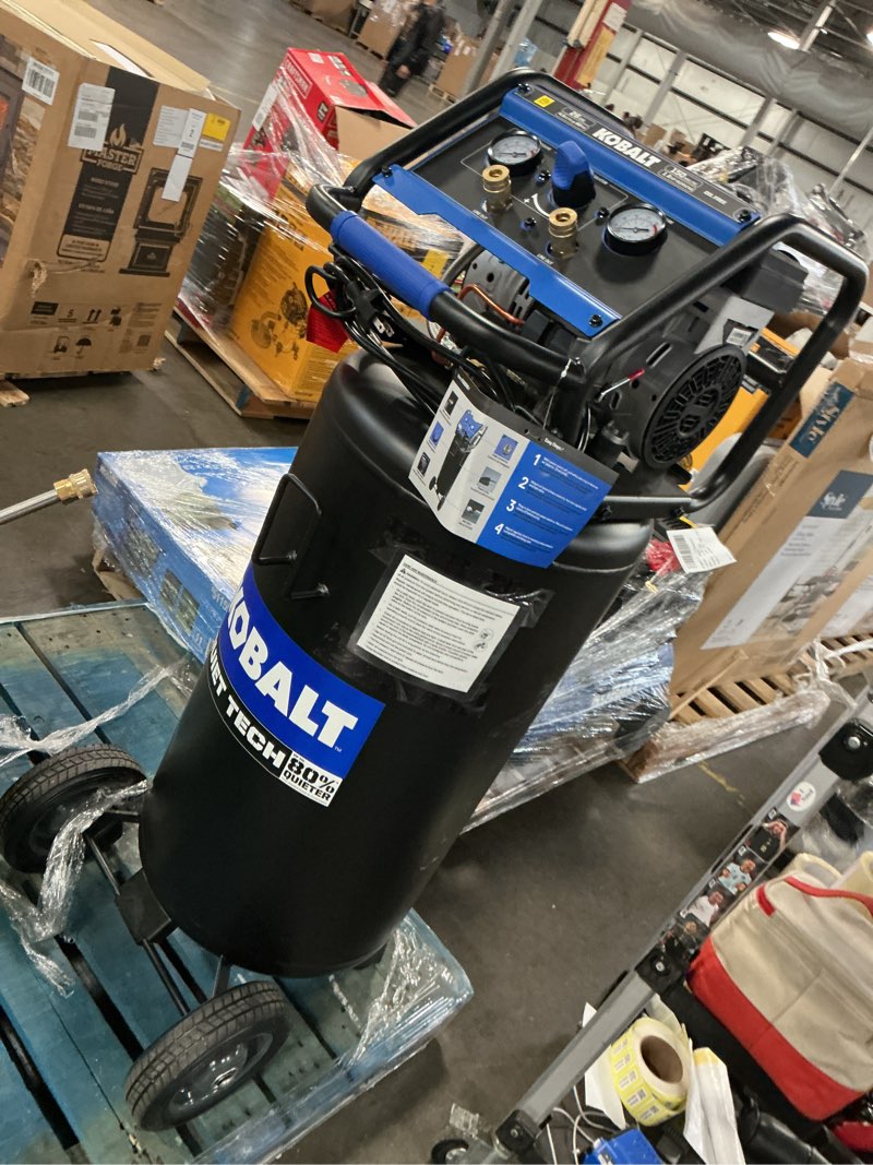 Condition photo showing As Is for kobalt quiet tech 26-gallon portable electric 150 psi vertical air compressor