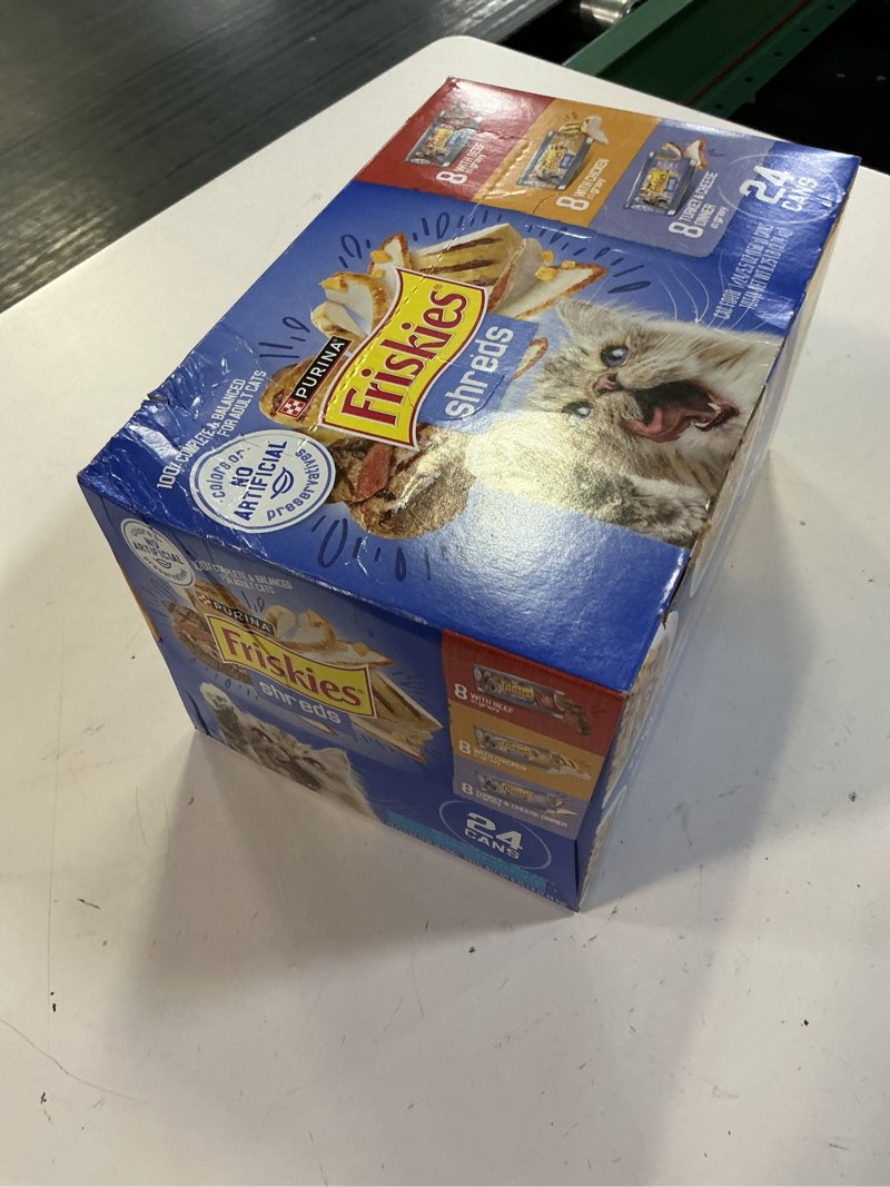 Condition photo showing New/Like New for (best before jan / 2028 ) purina friskies gravy wet cat food variety pack, shreds with beef, with chicken, and turkey and cheese dinner - (pack of 24) 5.5 oz. cans chicken, turkey, beef, cheese 8.25 pound (pack of 1)