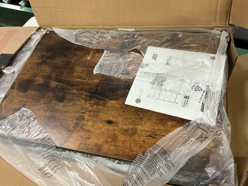 Condition photo showing As Is for wlive dresser with hanging rack for bedroom, 3 drawer dresser with led lights & charging station, fabric dressers & chest of drawers, storage organizer with open shelves for living room, brown rustic brown wood grain print
