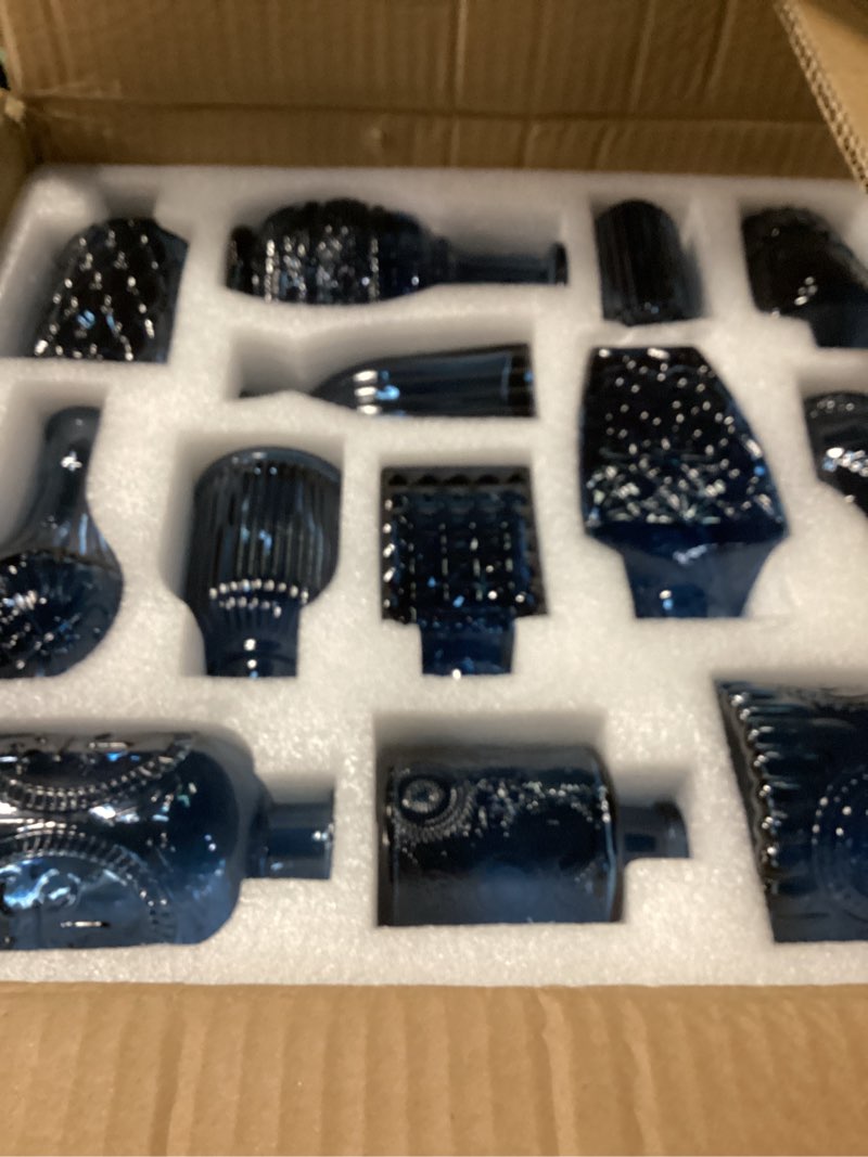 Condition photo showing New/Like New for glass bud vases set of 32 - blue assorted small mini glass vases for flowers, crystal vintage vase set, bulk centerpieces for table décor, wedding, home and events (blue, 32 pcs) blue 32 pcs