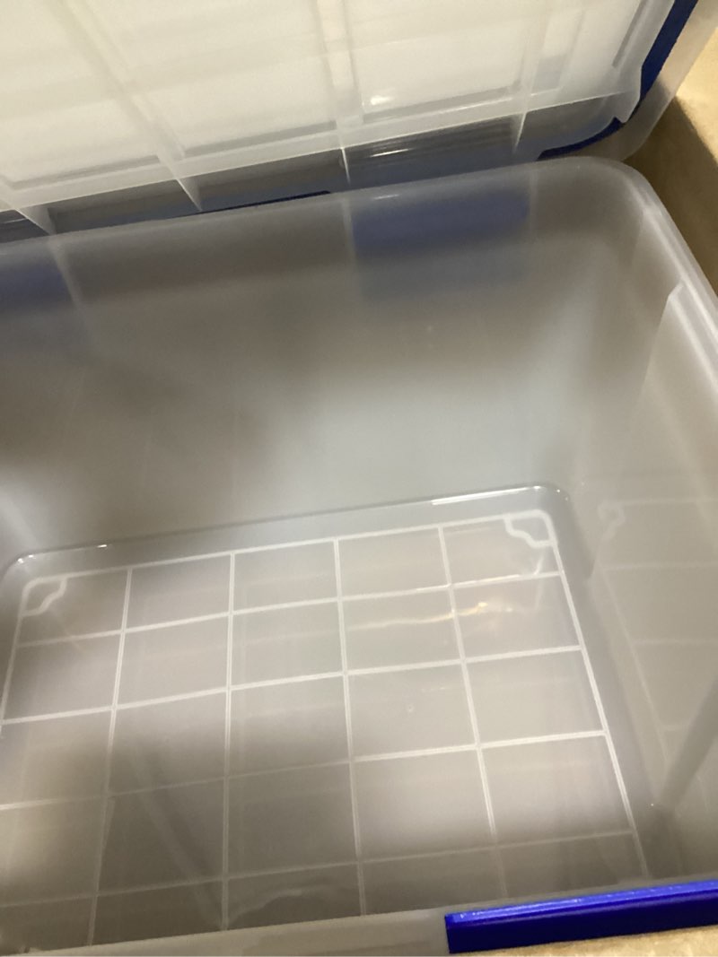 Condition photo showing As Is for HOMZ 2-Pack Latching Lid, Large Clear Plastic Storage Bins with Lids, 66 Quart, Blue Latch