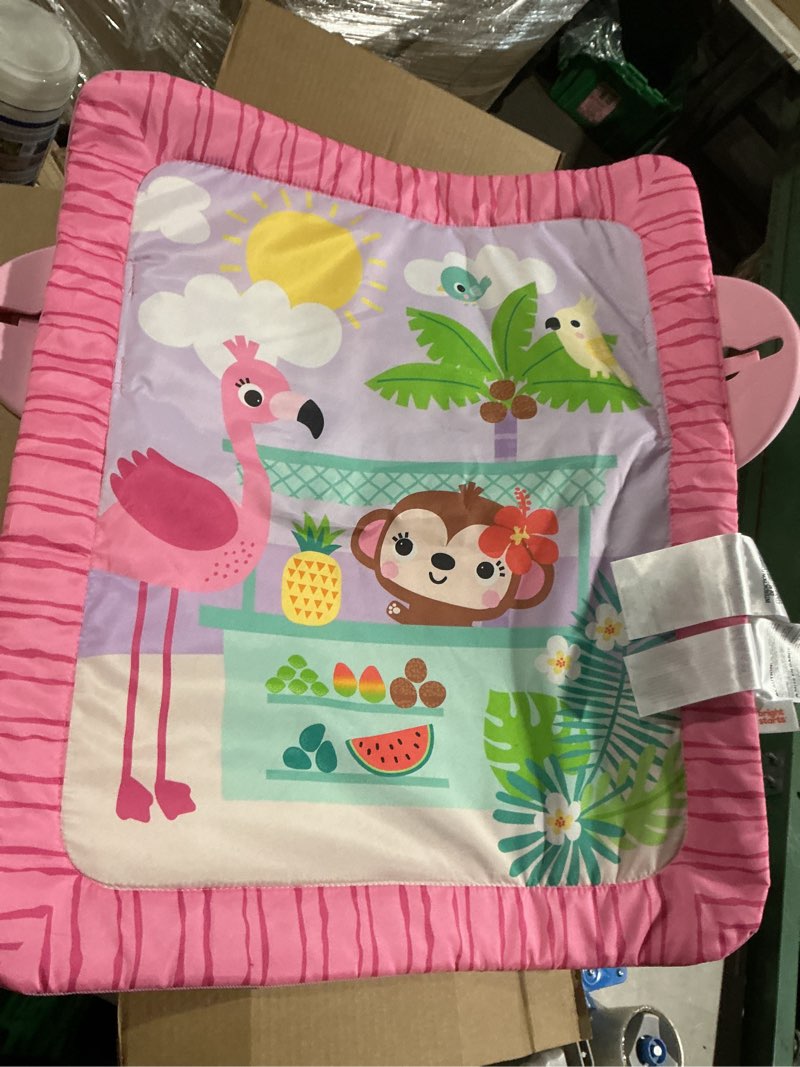 Condition photo showing As Is for bright starts pink palms tiki toy bar baby activity gym & tummy time mat with toy bar and 3 toys, newborn to 3 years