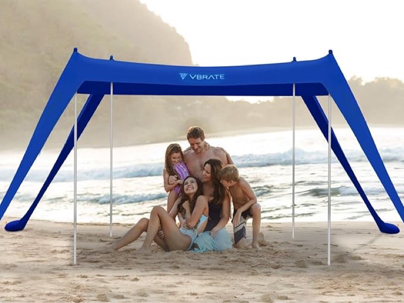 Beach Tent Sun Shelter - UPF50 Beach Canopy Portable Sun Shelter 4 Aluminum Poles, Ground Pegs, Sand Bags, Wind Ropes, Shovel, Bag for Camping, Picnic, Fishing, Backyard 10x10FT (Navy Blue)