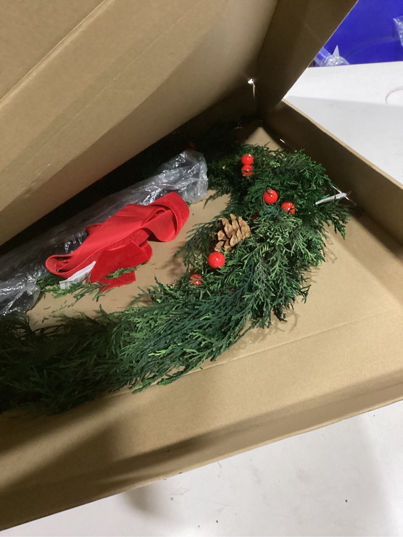 Condition photo showing Good Condition for Yunlly 20 Inches Fresh Christmas Wreath for Front Door with Metal Hanger Large Real Pine Live Christmas Cypress Wreath with Real Pine Cone Ribbon Artificial Berries for Fireplace Window Porch Outdoor