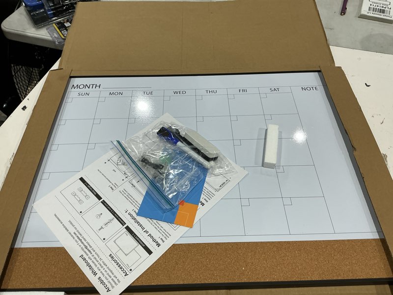Condition photo showing Good Condition for arcobis dry erase calendar with cork board for wall, 24"x 18" magnetic calendar whiteboard with black frame, monthly combination board for school, home, office black 24" x 18" with cork