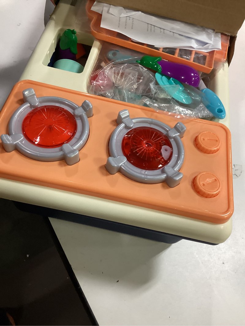 Condition photo showing Good Condition for CUTE STONE Pretend Play Kitchen Sink Toys with Play Cooking Stove, Pot and Pan with Spray Realistic Light and Sound, Dish Rack & Play Cutting Food, Utensils Tableware Accessories for Kids Toddlers play sink with steam
