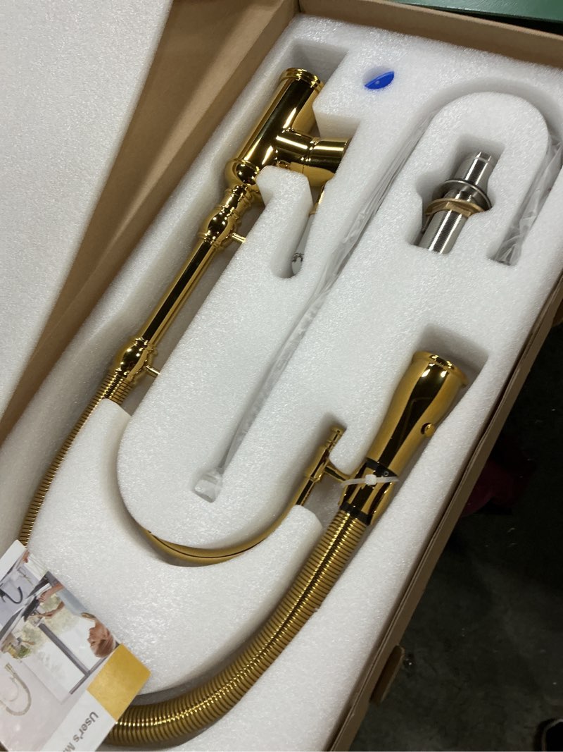 Condition photo showing New/Like New for Classical High Arc Single Handle Spring Kitchen Faucet with Pull Down Spray, Swiveling Commercial Single Handle Kitchen Sink Faucets for Farmhouse, Gold Antique Gold
