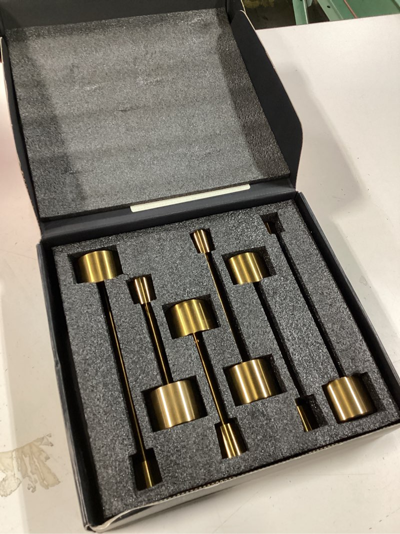 Condition photo showing New/Like New for YUMORE 6 Packs Small Taper Candle Holders Candlestick Holder Stable Base Stand Holders for Dining Table Wedding Centerpiece (Gold) Glod 6 Pieces