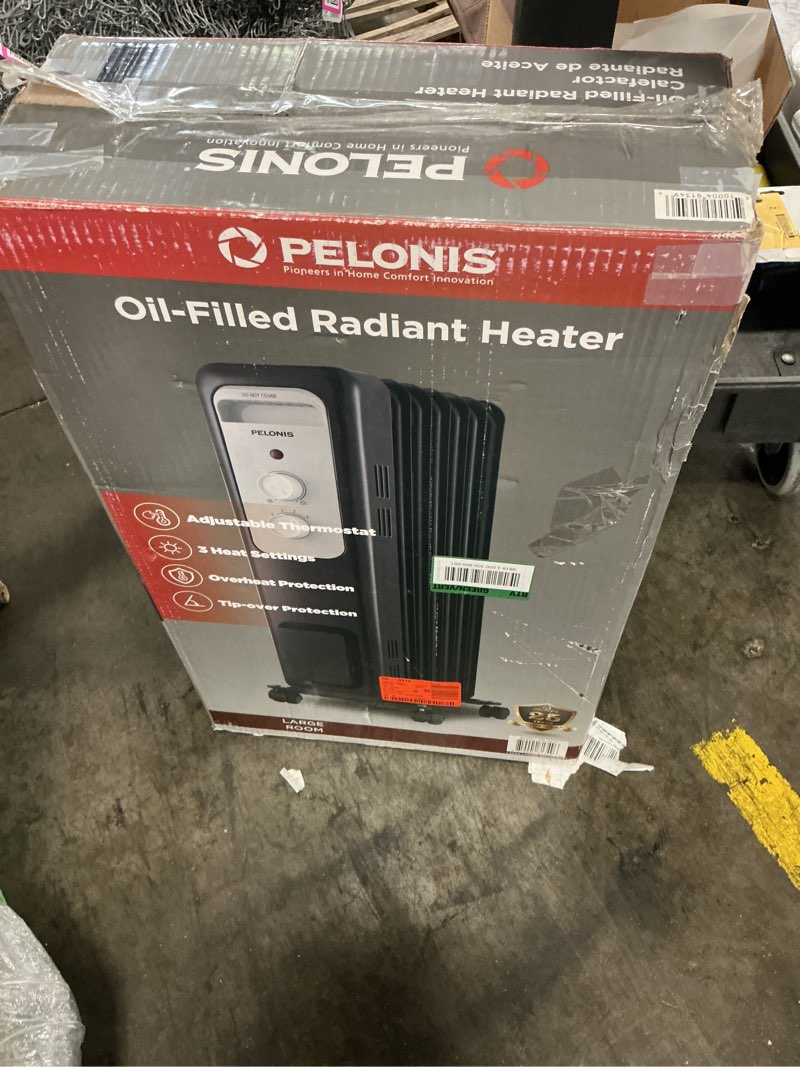 Condition photo showing As Is for 1,500-watt oil-filled radiant electric space heater with thermostat