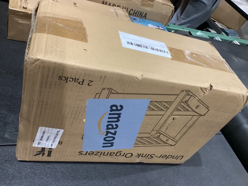 Condition photo showing As Is for 2 Pack Under Sink Organizer, Bamboo Wooden 2-Tier Pull-Out Storage with Sliding Drawers for Kitchen and Bathroom Cabinets, Easy Installation (Natural)