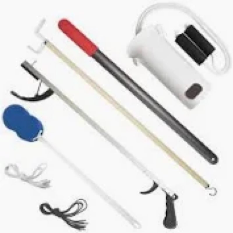 Medline Economy Hip Kit, Mobility Aids Ideal for Hip Surgery Recovery, 4-Pieces, 26\" Grabber Reacher, Shoehorn, Sock-Aid, and Contoured Bath Sponge