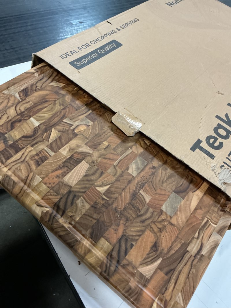 Condition photo showing Good Condition for teak wood extra large end grain cutting board for kitchen with non-slip feet, heavy duty checkered cutting board with juice groove & handle handcrafted luxury chopping board for meat, vegetables 24"l x 18"w