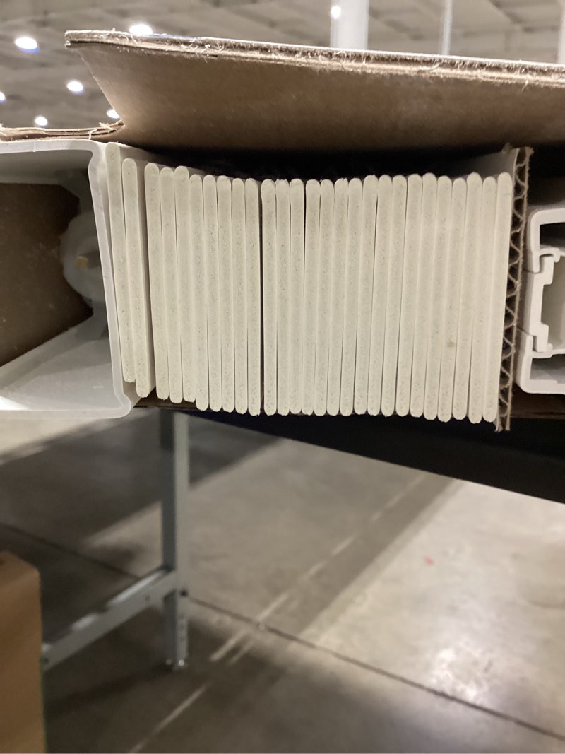 Condition photo showing As Is for levolor trim+go 2-in slat width 47-in x 48-in cordless white faux wood room darkening horizontal blinds