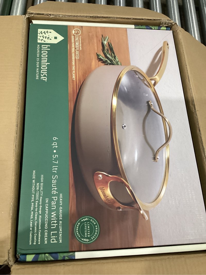 Condition photo showing Good Condition for Bloomhouse - Two Time Oprah's Favorite Things Winner - 6 QT Heavy Duty Aluminum Premium PFA Free Ceramic Nonstick Saute/Deep Frying Pan Skillet with Lid - Cappuccino Cream with Gold Handle Cappuccino Cream w/ Gold Handle Saute Pan w/ Lid (6-Quart)