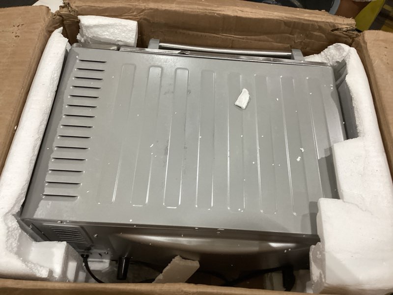Condition photo showing As Is for nuwave bravo air fryer toaster smart oven, 10-in-1 countertop convection, 1800 watts, 21-qt capacity, 50°-450°f temp controls, top and bottom heater adjustments 0%-100%, pfas free, stainless steel brushed stainless steel 21qt bravo oven