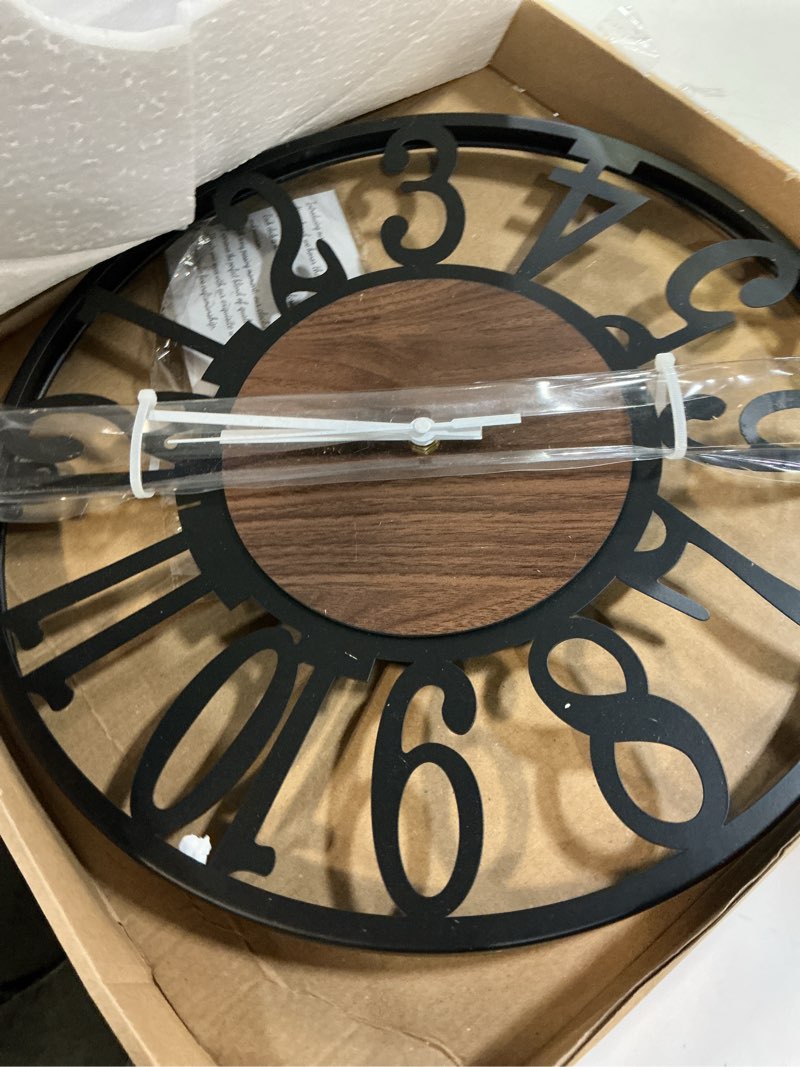 Condition photo showing Good Condition for maxstar round wall clock for living room decor battery operated non ticking black metal wood clocks for home living room garden office kitchen decoration -16 inch black-arabic numerals 16 inch