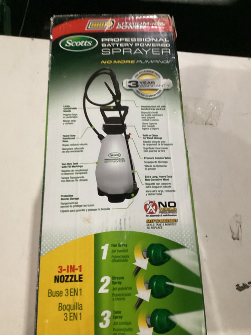 Condition photo showing New/Like New for Scotts 2 Gallon Lithium-Ion Battery Powered Sprayer with Pump Zero Technology, Rechargeable Lawn & Garden Tank Sprayer, Model 190567