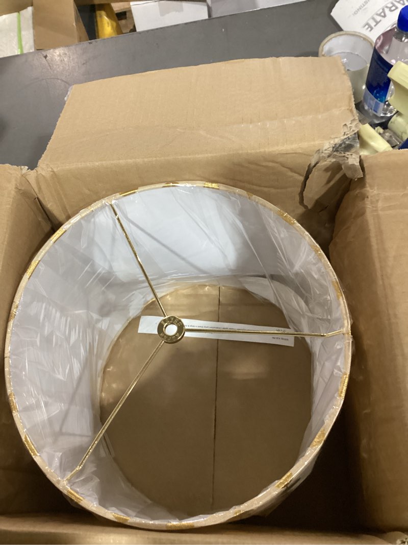 Condition photo showing As Is for aspen creative 31097 transitional drum (cylinder) shaped spider construction lamp shade in beige & gold printed, 12" wide (12" x 12" x 10")