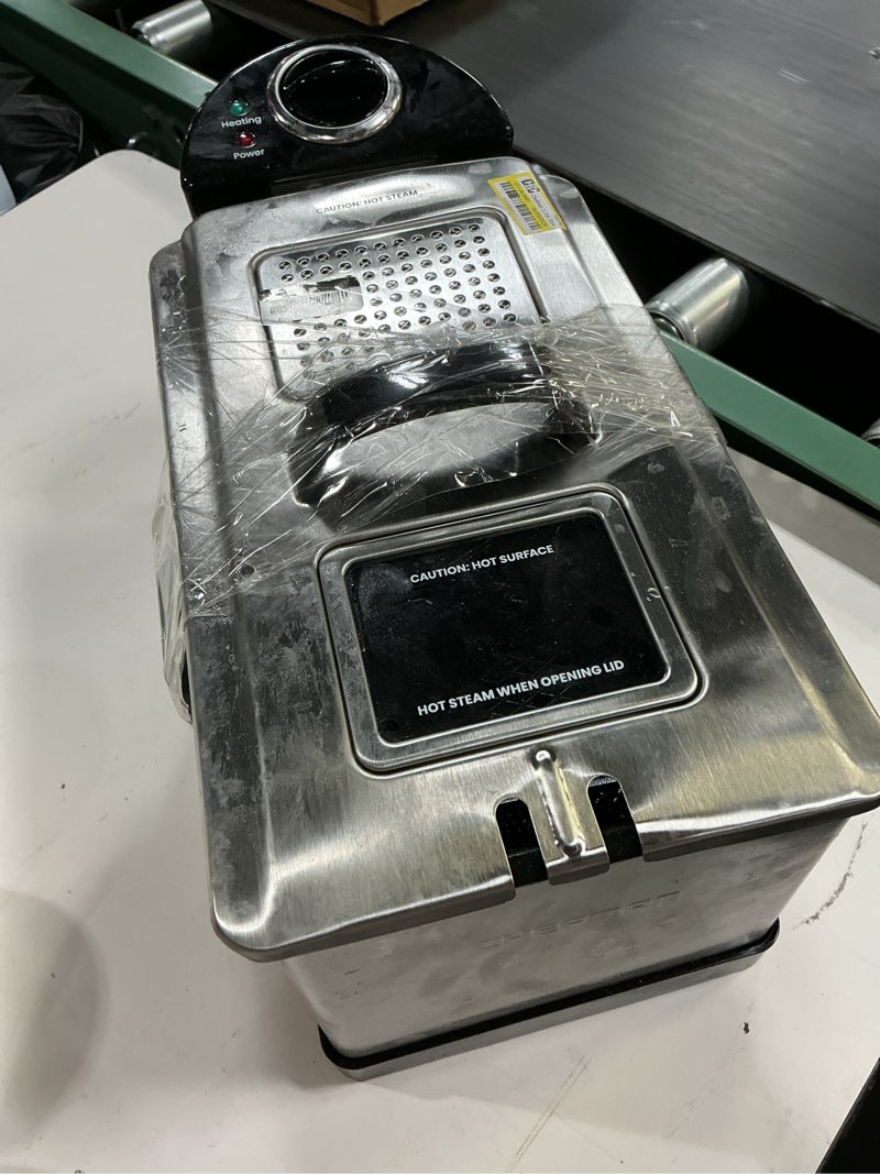 Condition photo showing As Is for chefman 2.5l deep fryer with wire basket, temperature control & windowed lid – stainless steel