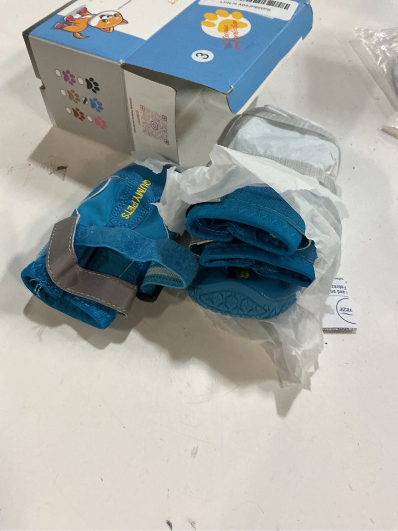 Condition photo showing Good Condition for (Size:3)QUMY Dog Shoes for Large Dogs, Medium Dog Boots & Paw Protectors for Winter Snowy Day, Summer Hot Pavement, Water-Resistant in Rainy Weather, Outdoor Walking, Indoor Hardfloors Skid-Resistant Sole Blue Size 3: 2.0''x2.5''(W*L) (Pack of 4)