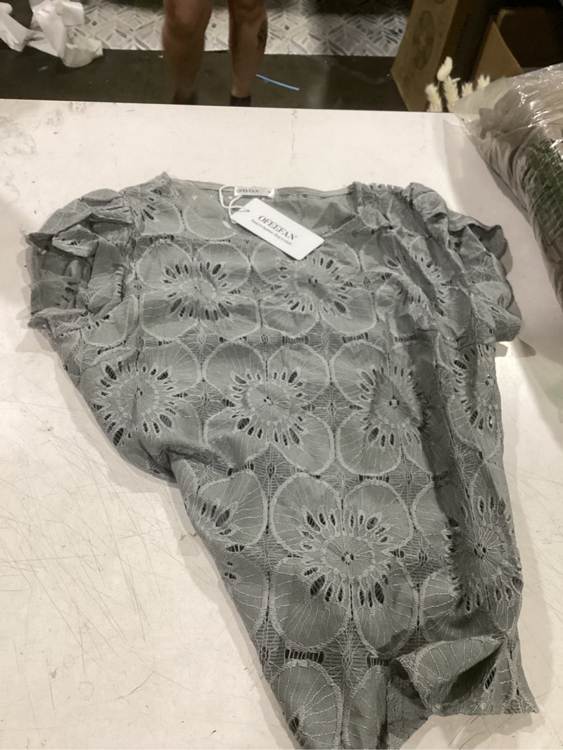 Condition photo showing Good Condition for similar to ofeefan blouses for women dressy casual petal short sleeve shirts crochet lace boho tops spring fashion summer outfits grey small