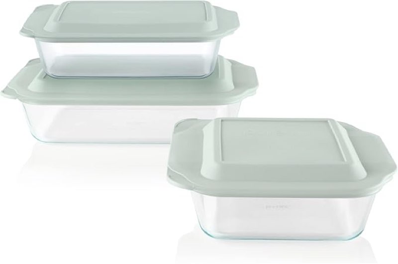 pyrex 1135014 deep dish glass baking dishes with sage lids – extra deep design and durable tempered glass – dishwasher, microwave, freezer safe – 6 piece set