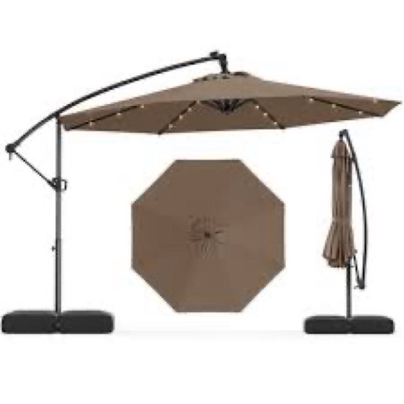 costway 10 ft solar offset hanging umbrella patio cantilever umbrella with 32 led lights brown