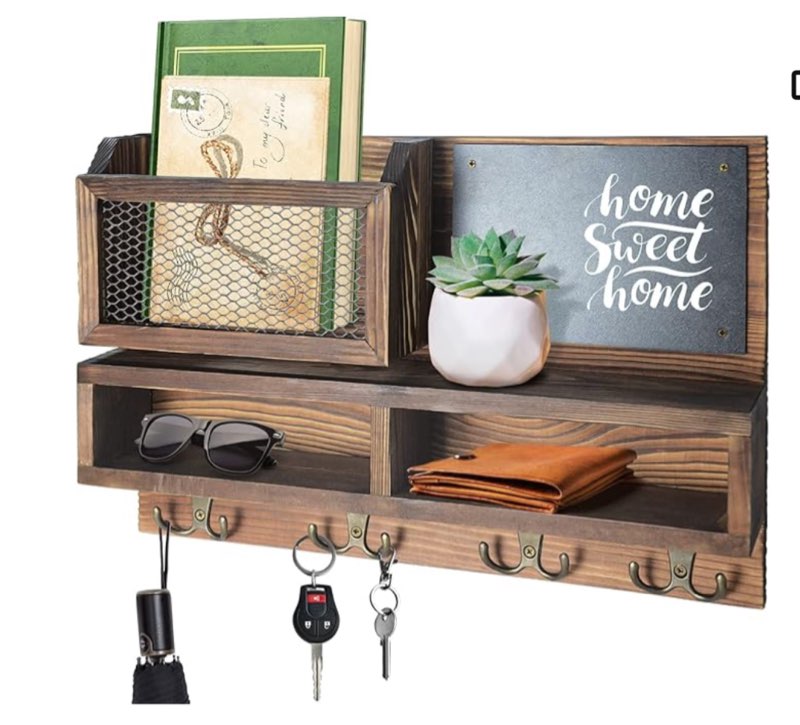 key holder for wall, mail organizer wall mount with key hooks and wallet holder, key holder with sunglasses storage and dog leash holder, wall decorative with 4 double hooks and chalkboard